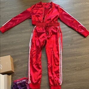 Red Satin Tracksuit with White Stripes